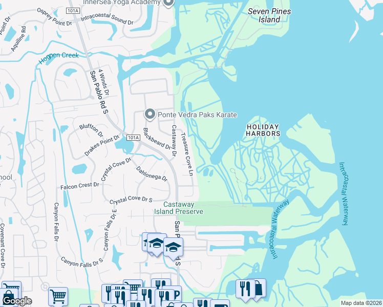 map of restaurants, bars, coffee shops, grocery stores, and more near 2695 Treasure Cove Lane in Jacksonville