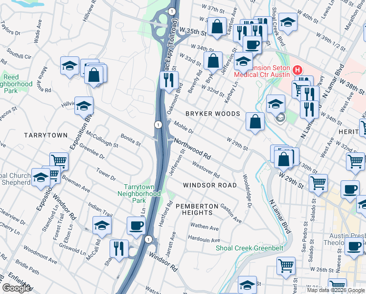map of restaurants, bars, coffee shops, grocery stores, and more near 1701 Northwood Rd in Austin