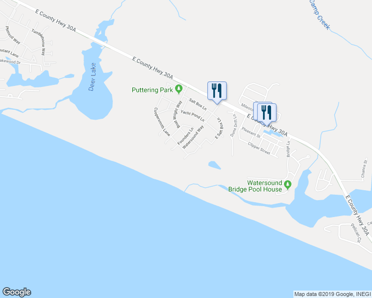 map of restaurants, bars, coffee shops, grocery stores, and more near 425 Coopersmith Lane in Panama City Beach
