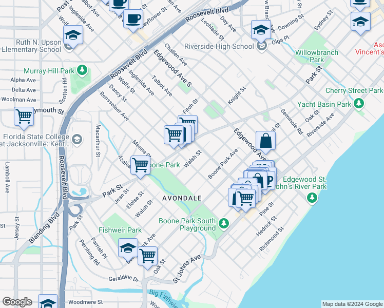 map of restaurants, bars, coffee shops, grocery stores, and more near 3632 Park Street in Jacksonville