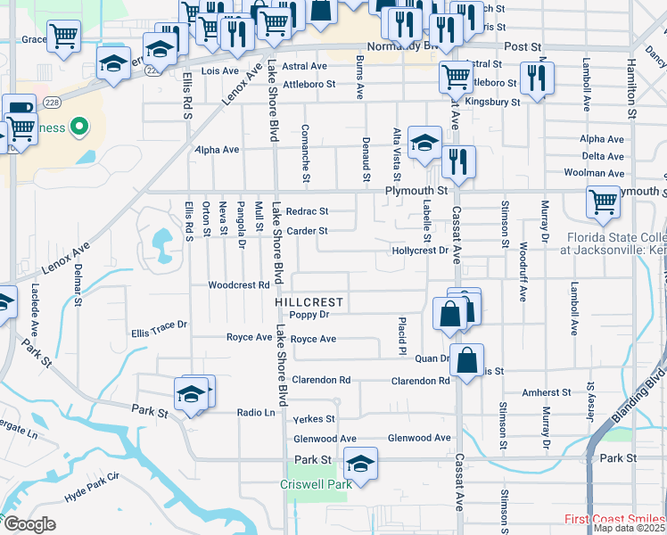 map of restaurants, bars, coffee shops, grocery stores, and more near 5267 Baycrest Road in Jacksonville