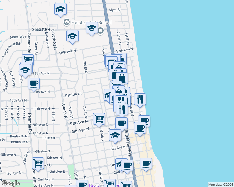map of restaurants, bars, coffee shops, grocery stores, and more near 1250 3rd Street North in Jacksonville Beach