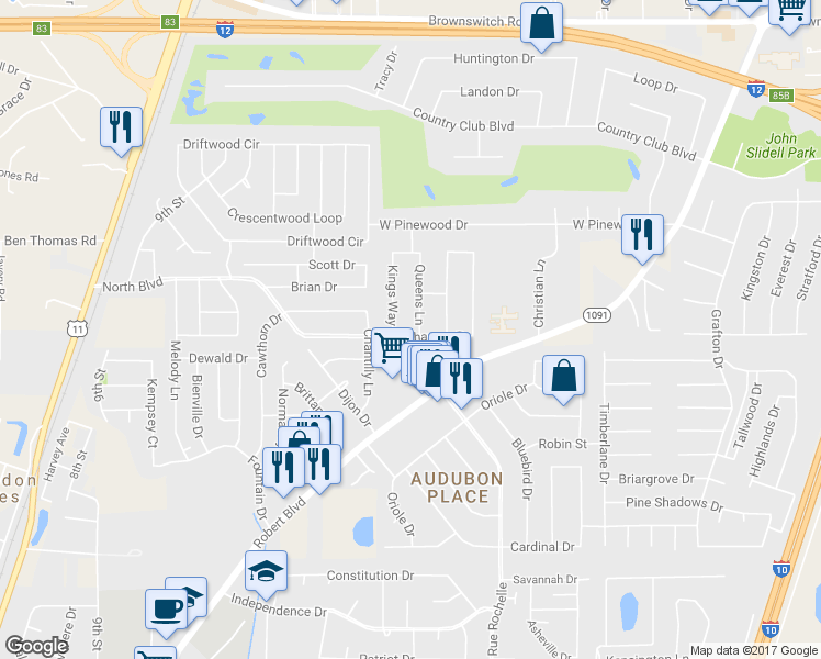 map of restaurants, bars, coffee shops, grocery stores, and more near 312 Thames Drive in Slidell