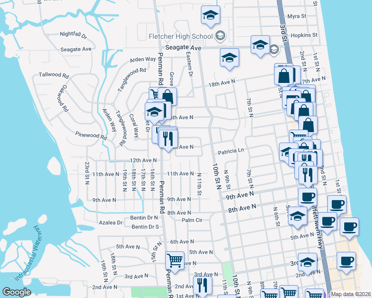 map of restaurants, bars, coffee shops, grocery stores, and more near 1312 13th Avenue North in Jacksonville Beach