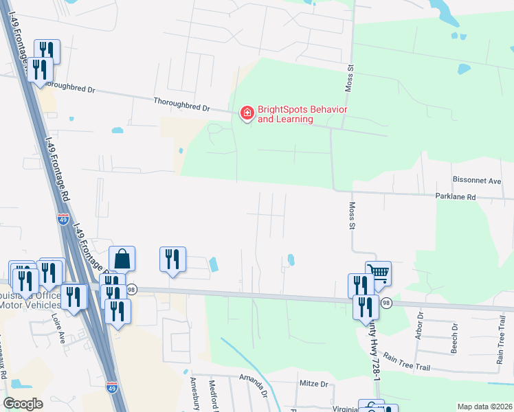 map of restaurants, bars, coffee shops, grocery stores, and more near 5000 Blk Moss Street in Lafayette
