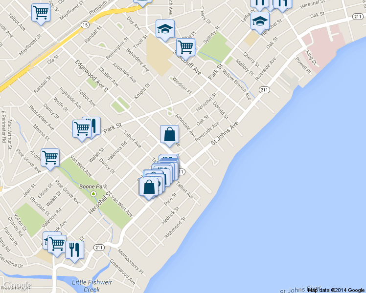 map of restaurants, bars, coffee shops, grocery stores, and more near 3343 Riverside Avenue in Jacksonville