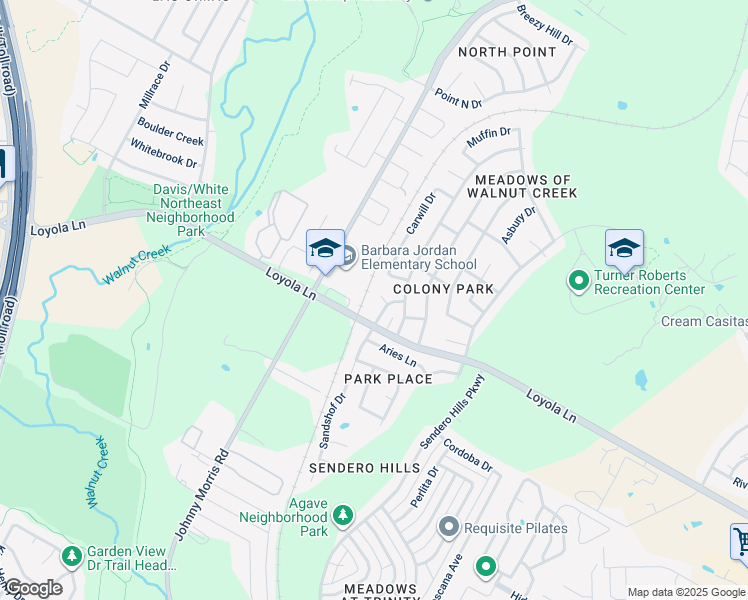 map of restaurants, bars, coffee shops, grocery stores, and more near 6703 Sandshof Circle in Austin