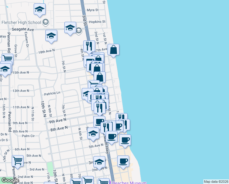map of restaurants, bars, coffee shops, grocery stores, and more near 1201 1st Street North in Jacksonville Beach
