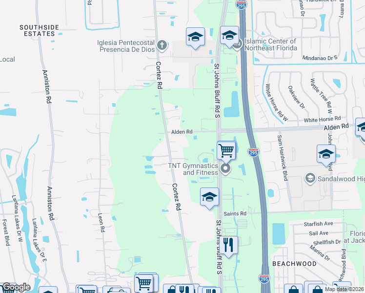map of restaurants, bars, coffee shops, grocery stores, and more near 2649 Cortez Road in Jacksonville