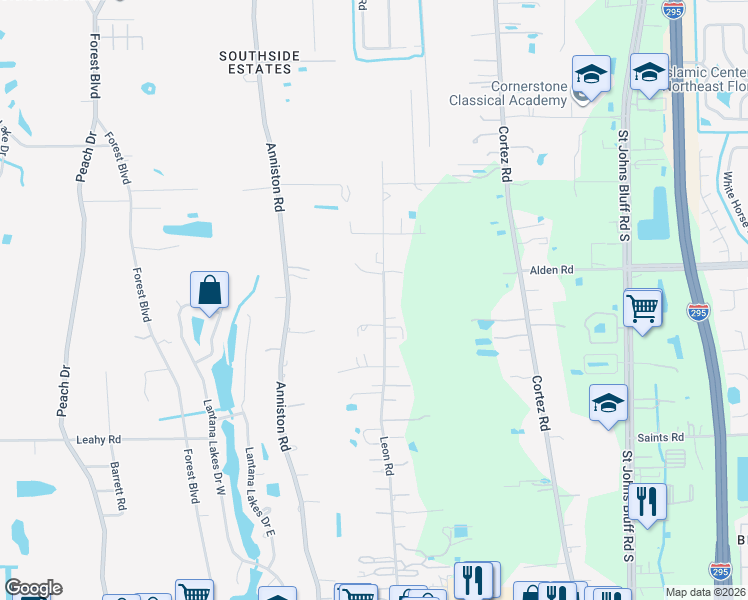 map of restaurants, bars, coffee shops, grocery stores, and more near 10180 Alden Road in Jacksonville