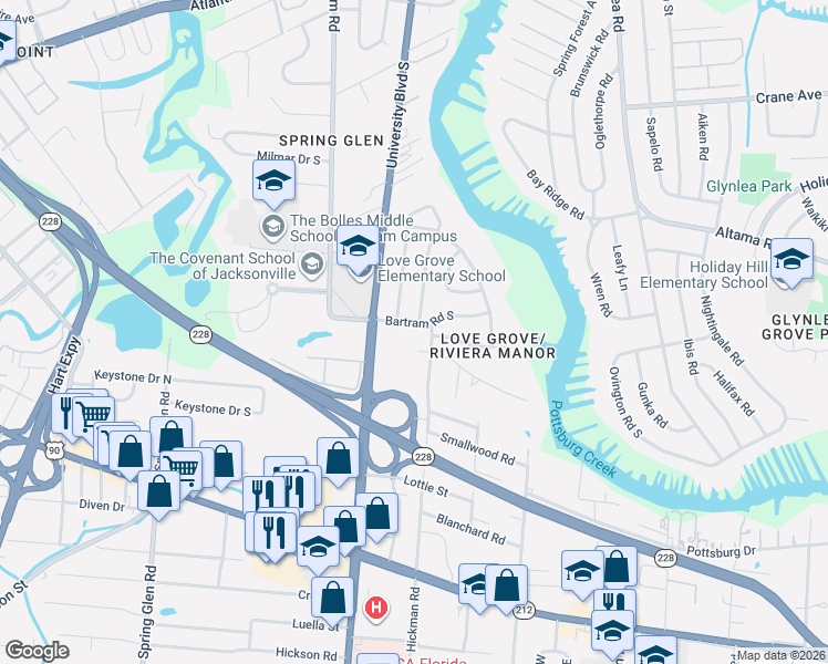 map of restaurants, bars, coffee shops, grocery stores, and more near 6032 Bartram Road in Jacksonville