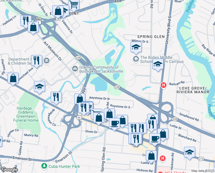 map of restaurants, bars, coffee shops, grocery stores, and more near 2627 Spring Glen Road in Jacksonville