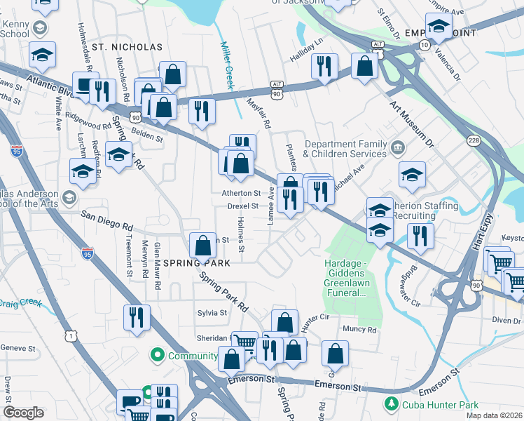 map of restaurants, bars, coffee shops, grocery stores, and more near 3624 Drexel Street in Jacksonville