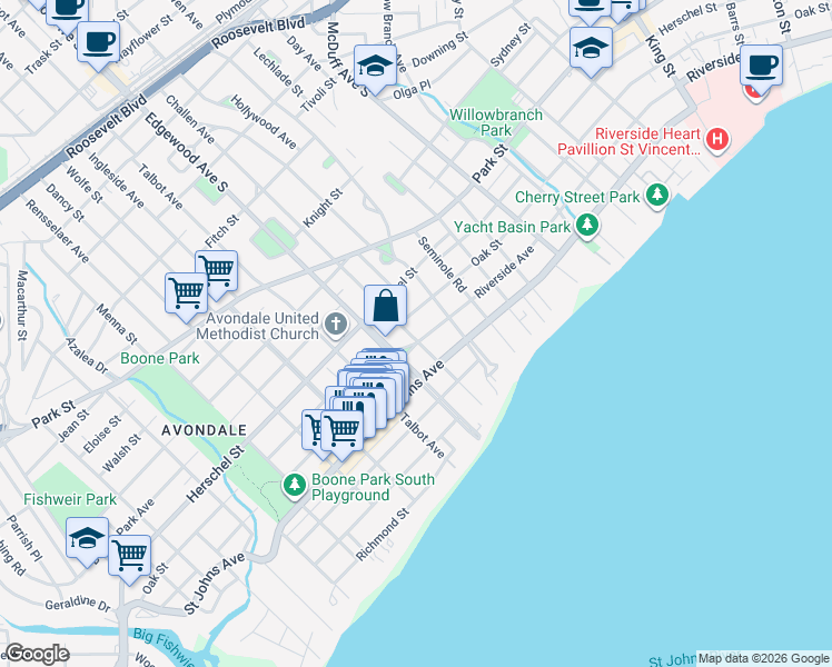 map of restaurants, bars, coffee shops, grocery stores, and more near 3343 Riverside Avenue in Jacksonville