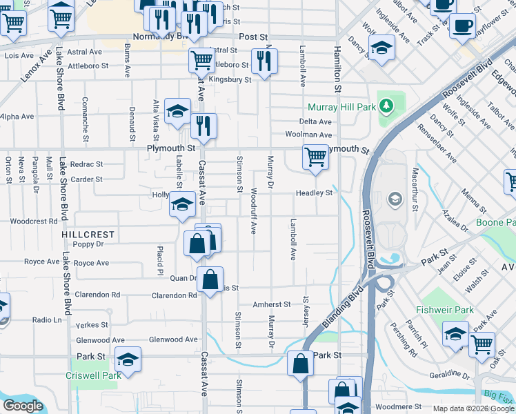 map of restaurants, bars, coffee shops, grocery stores, and more near 1288 Woodruff Avenue in Jacksonville