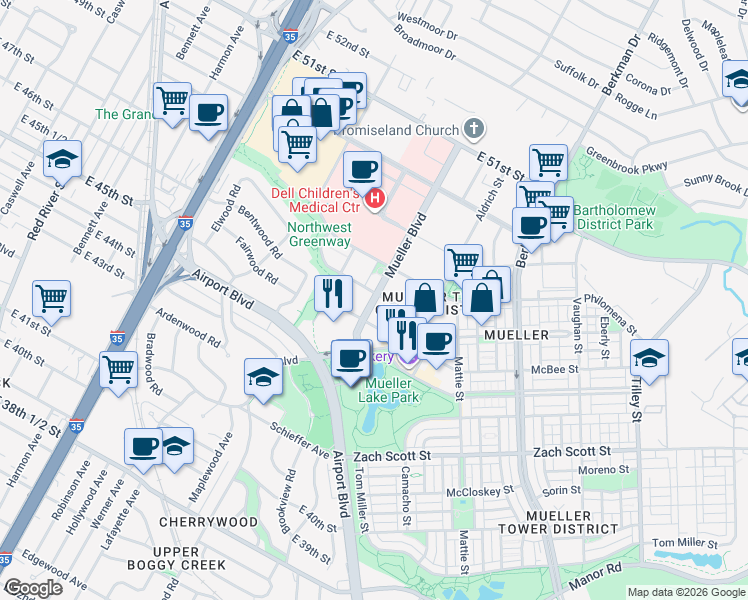 map of restaurants, bars, coffee shops, grocery stores, and more near 4646 Mueller Boulevard in Austin