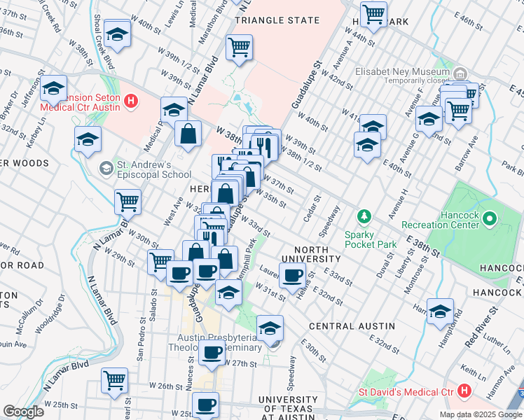 map of restaurants, bars, coffee shops, grocery stores, and more near 408 West 34th Street in Austin
