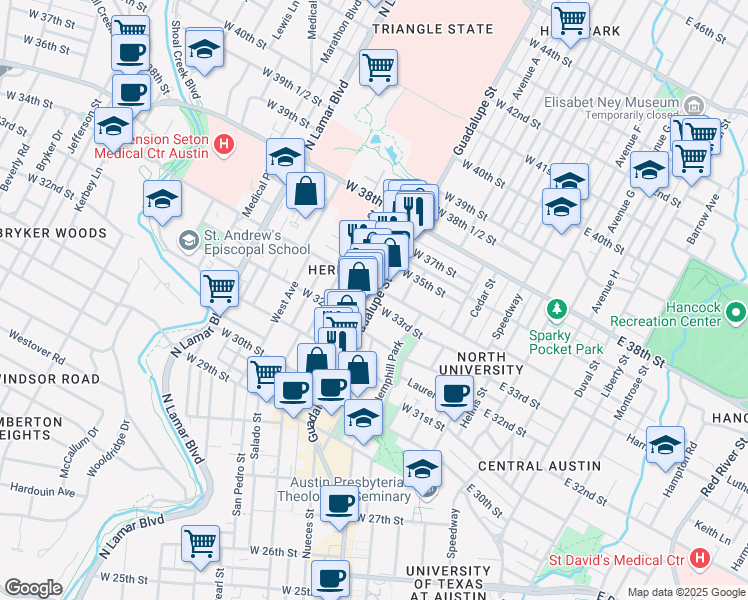 map of restaurants, bars, coffee shops, grocery stores, and more near in Austin
