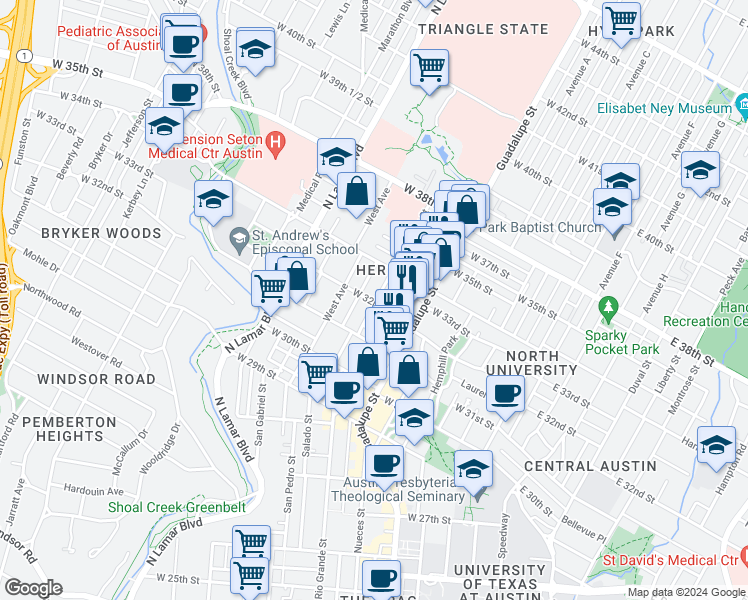 map of restaurants, bars, coffee shops, grocery stores, and more near 612 West 32nd Street in Austin