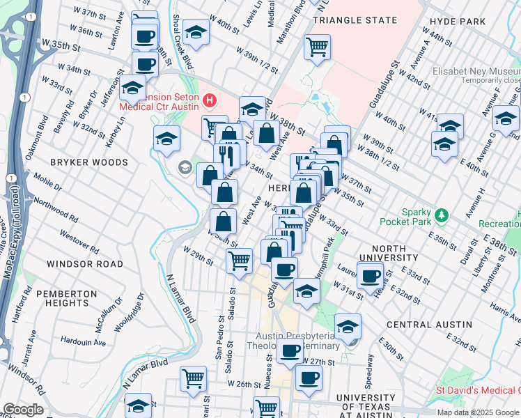 map of restaurants, bars, coffee shops, grocery stores, and more near 705 West 32nd Street in Austin