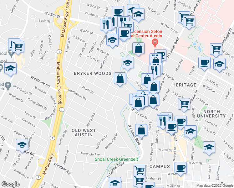 map of restaurants, bars, coffee shops, grocery stores, and more near 2901 Oakhurst Avenue in Austin