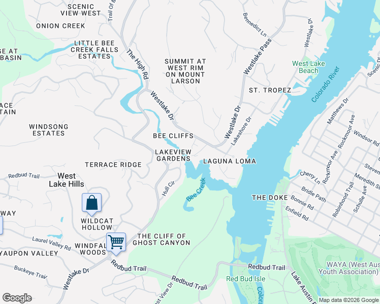 map of restaurants, bars, coffee shops, grocery stores, and more near 1887 Westlake Drive in Austin