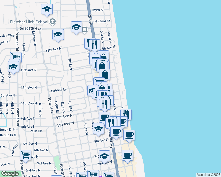 map of restaurants, bars, coffee shops, grocery stores, and more near 1218 2nd Street North in Jacksonville Beach