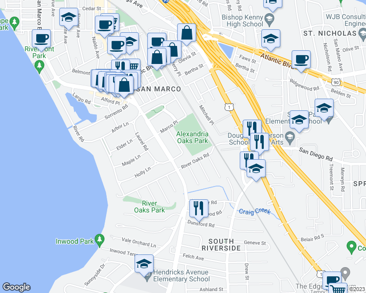map of restaurants, bars, coffee shops, grocery stores, and more near 2535 Pineridge Road in Jacksonville