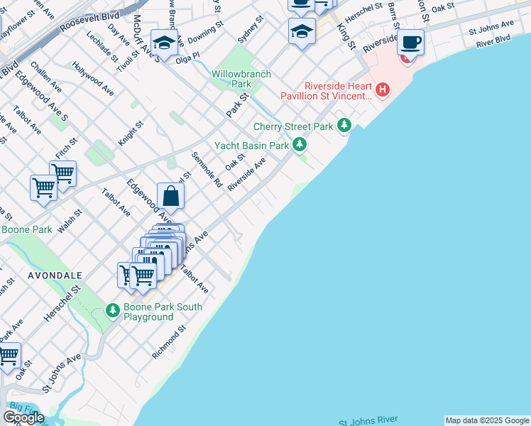 map of restaurants, bars, coffee shops, grocery stores, and more near 1848 Elizabeth Place in Jacksonville
