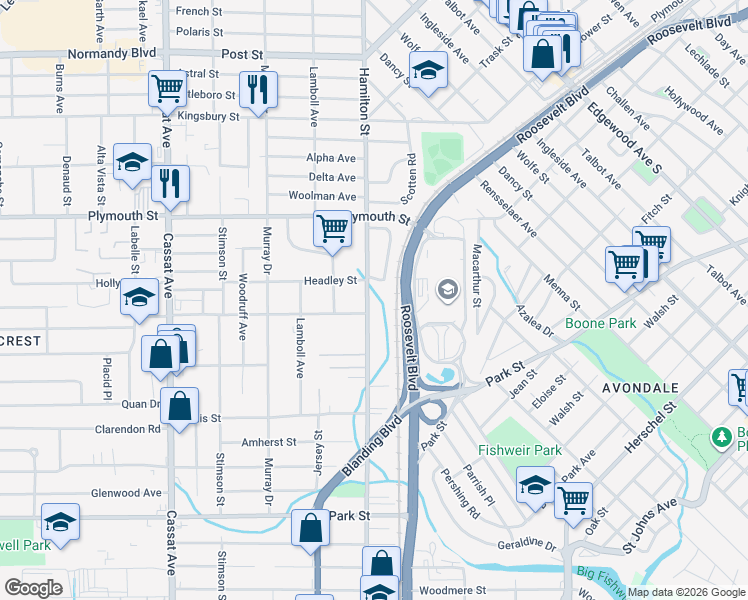 map of restaurants, bars, coffee shops, grocery stores, and more near 1289 Hamilton Street in Jacksonville