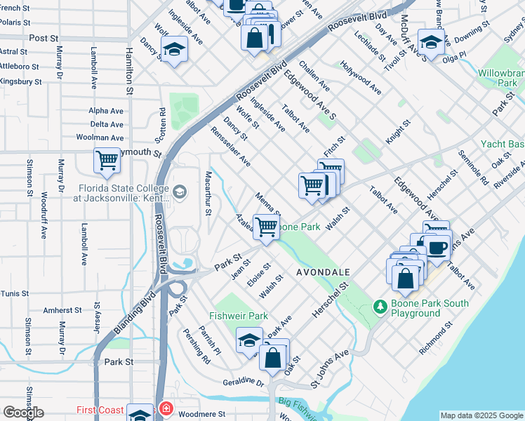 map of restaurants, bars, coffee shops, grocery stores, and more near 3744 Glencove Avenue in Jacksonville