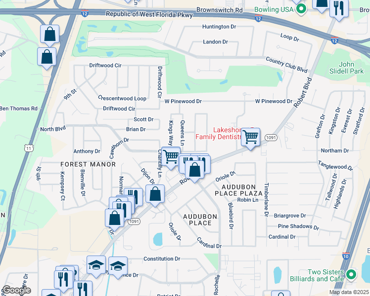 map of restaurants, bars, coffee shops, grocery stores, and more near 312 Thames Drive in Slidell