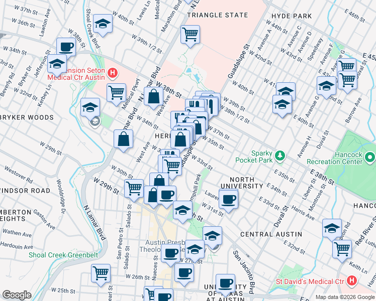 map of restaurants, bars, coffee shops, grocery stores, and more near None in Austin