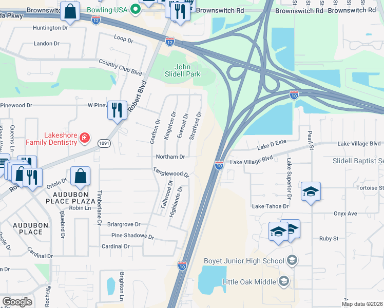 map of restaurants, bars, coffee shops, grocery stores, and more near 141 Stratford Drive in Slidell
