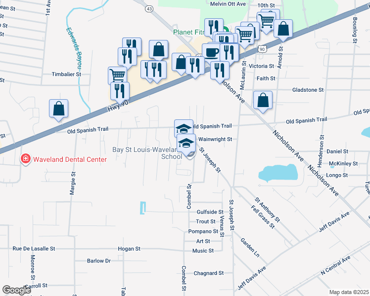 map of restaurants, bars, coffee shops, grocery stores, and more near 105 Tiffany Street in Waveland