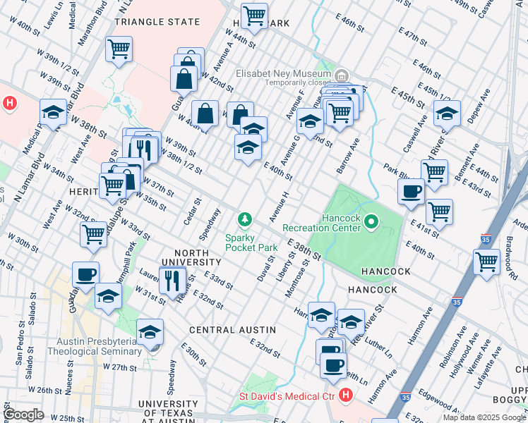 map of restaurants, bars, coffee shops, grocery stores, and more near 3807 Avenue G in Austin