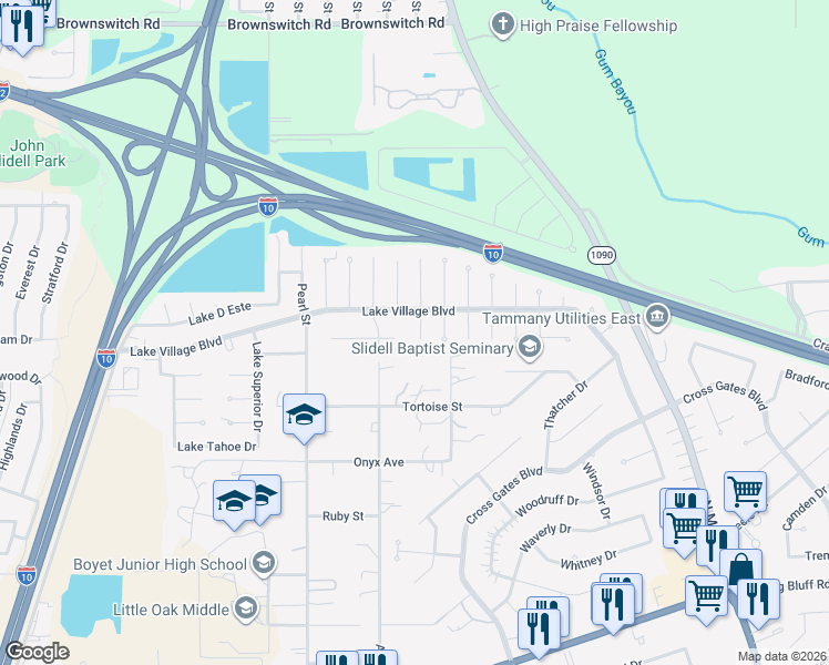 map of restaurants, bars, coffee shops, grocery stores, and more near 706 South Lake Caddo Court in Slidell