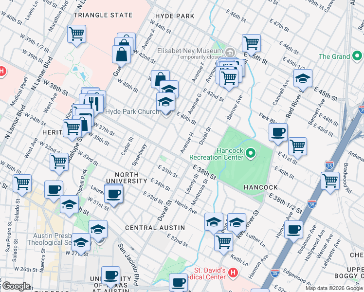 map of restaurants, bars, coffee shops, grocery stores, and more near 3807 Avenue G in Austin