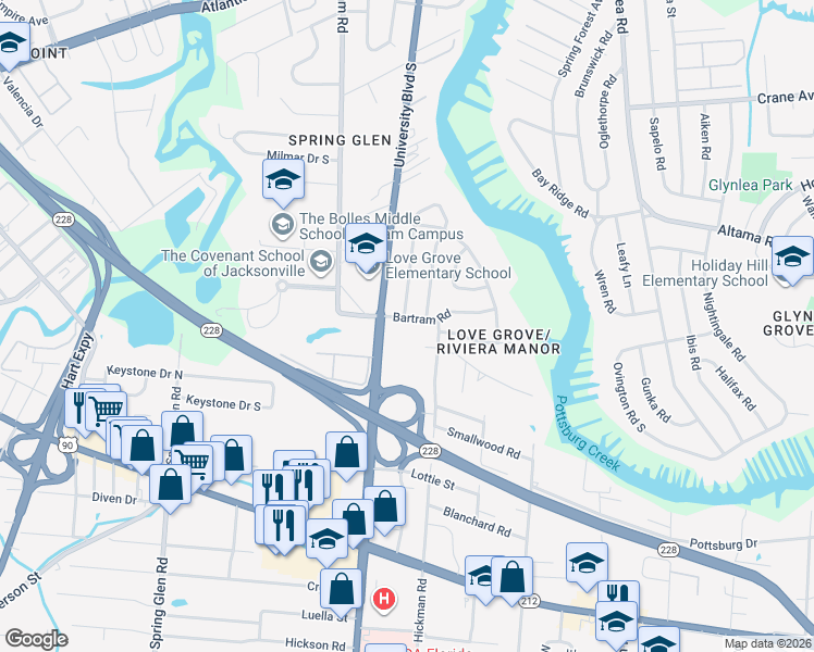 map of restaurants, bars, coffee shops, grocery stores, and more near 6032 Bartram Road in Jacksonville