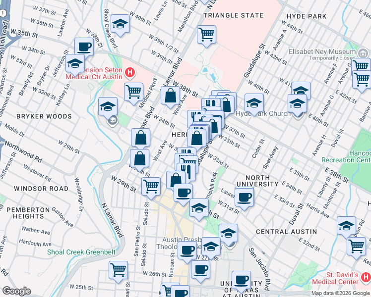 map of restaurants, bars, coffee shops, grocery stores, and more near 614 West 32nd Street in Austin