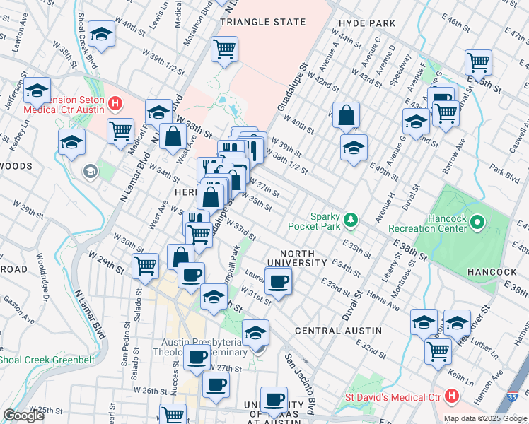 map of restaurants, bars, coffee shops, grocery stores, and more near 311 West 35th Street in Austin