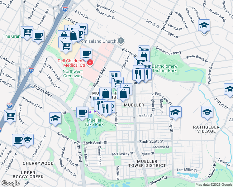 map of restaurants, bars, coffee shops, grocery stores, and more near 1911 Philomena Street in Austin