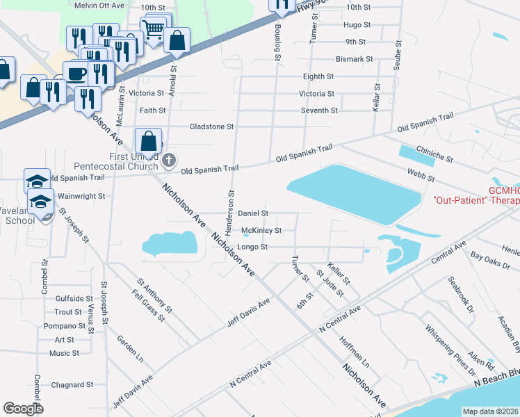 map of restaurants, bars, coffee shops, grocery stores, and more near 919 Daniel Street in Waveland