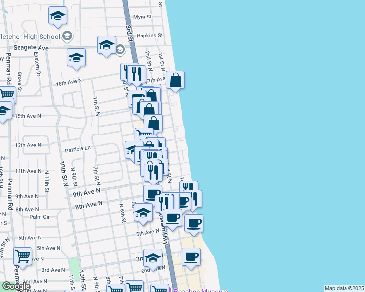 map of restaurants, bars, coffee shops, grocery stores, and more near 1201 1st Street North in Jacksonville Beach