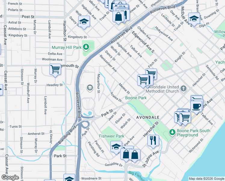 map of restaurants, bars, coffee shops, grocery stores, and more near 1357 Azalea Drive in Jacksonville