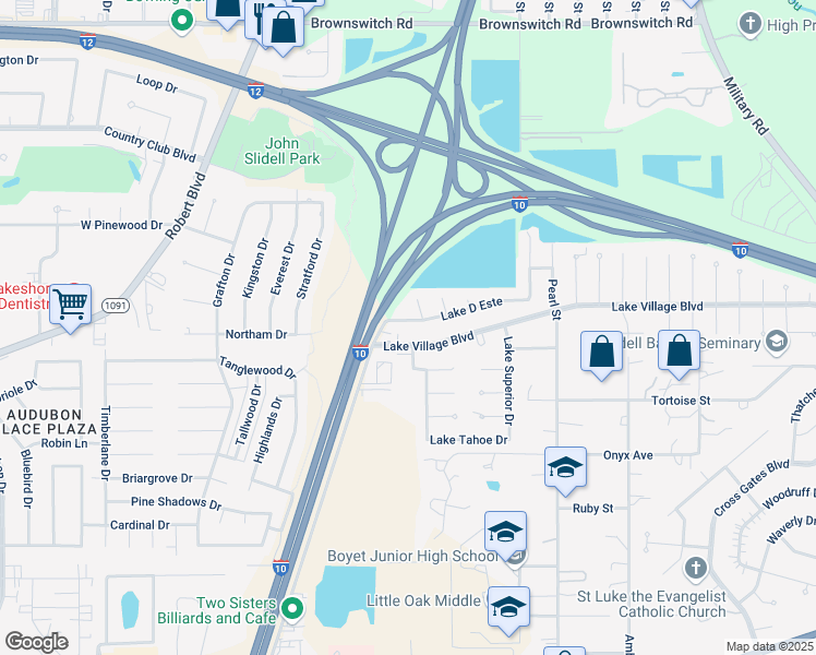 map of restaurants, bars, coffee shops, grocery stores, and more near 107 Lake D Este Drive in Slidell