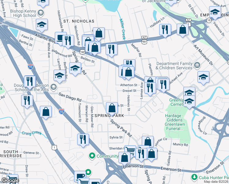 map of restaurants, bars, coffee shops, grocery stores, and more near 3350 Drexel Street in Jacksonville