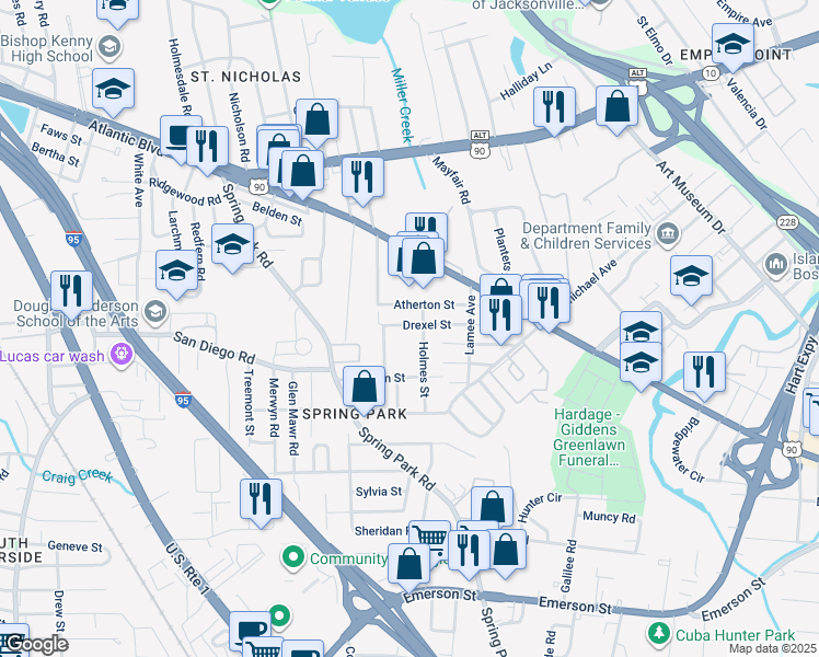 map of restaurants, bars, coffee shops, grocery stores, and more near 3506 Drexel Street in Jacksonville