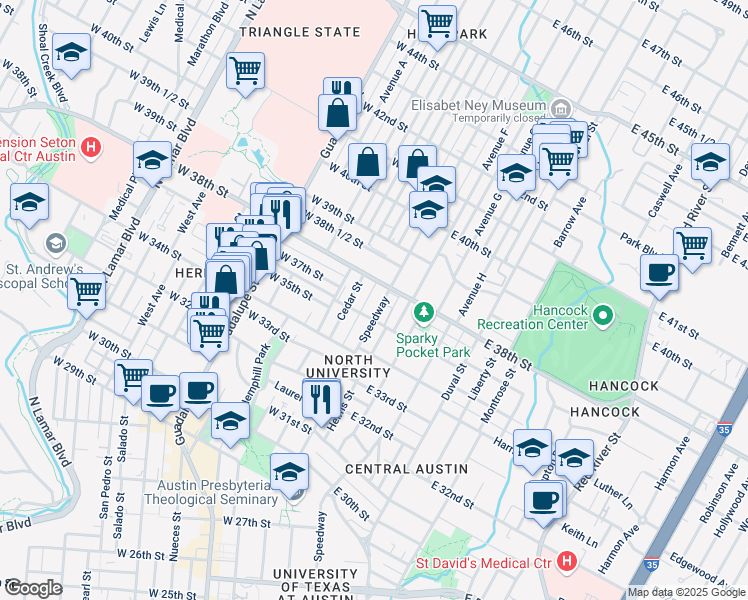 map of restaurants, bars, coffee shops, grocery stores, and more near 3506 Speedway in Austin