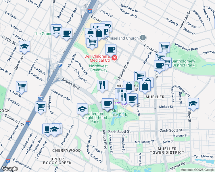 map of restaurants, bars, coffee shops, grocery stores, and more near 4640 Mueller Boulevard in Austin